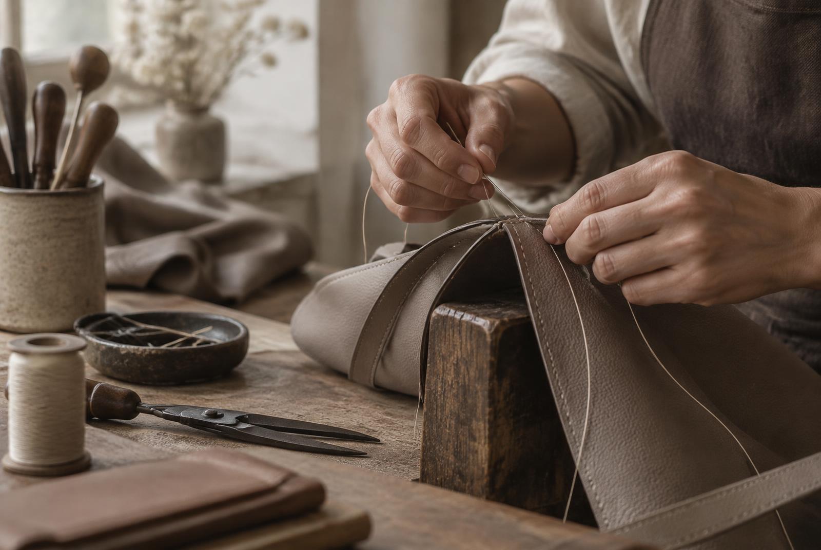 An artisan stitching leather by hand in a quiet atelier