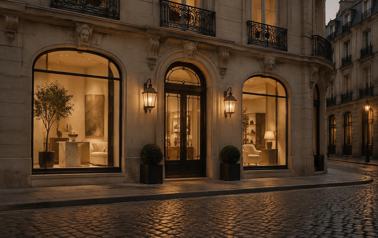 A historic boutique facade at dusk, warm window light on an empty cobbled street