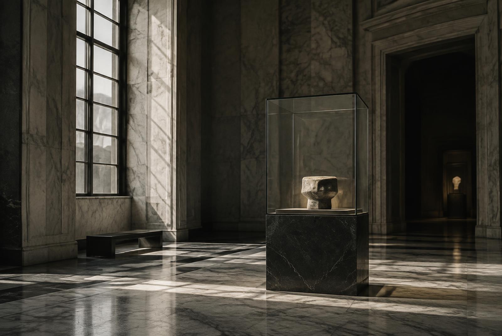 A single object displayed in a glass vitrine in a marble gallery